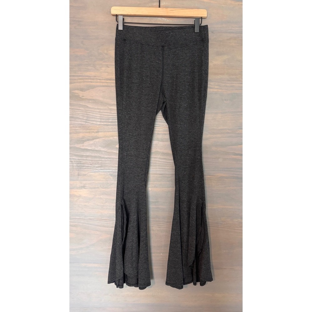 Easel Clothing Ruffle Flare Pants Charcoal Gray Boho Bell Bottom Slit
